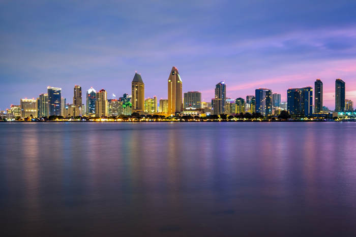 Night skyline view of San Diego, CA