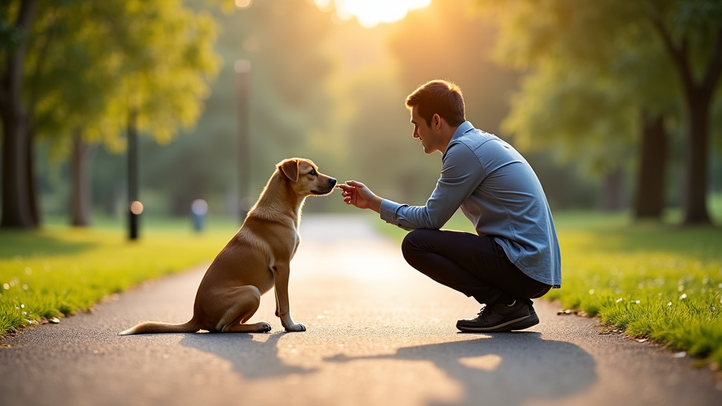 A well-behaved dog sitting patiently at a park entrance, with lush greenery and sunlight filtering through the trees.